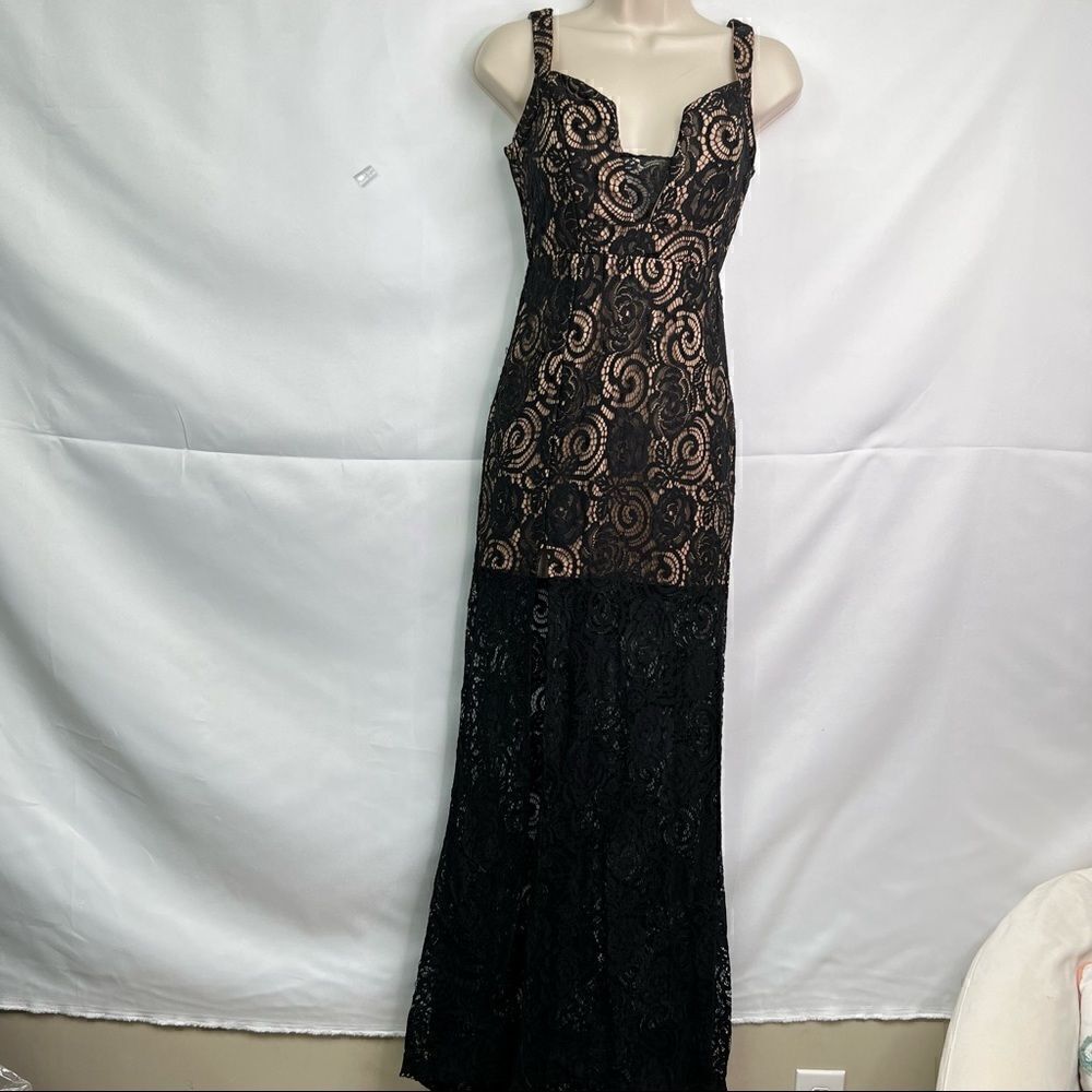 Nika Blossom Black Maxi Lace dress with nude mini liner.
